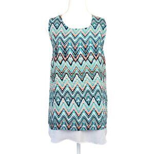 Womens XL Zac & Rachel Chevron Aztec Print Zipper Back Design Layered Sheer Top